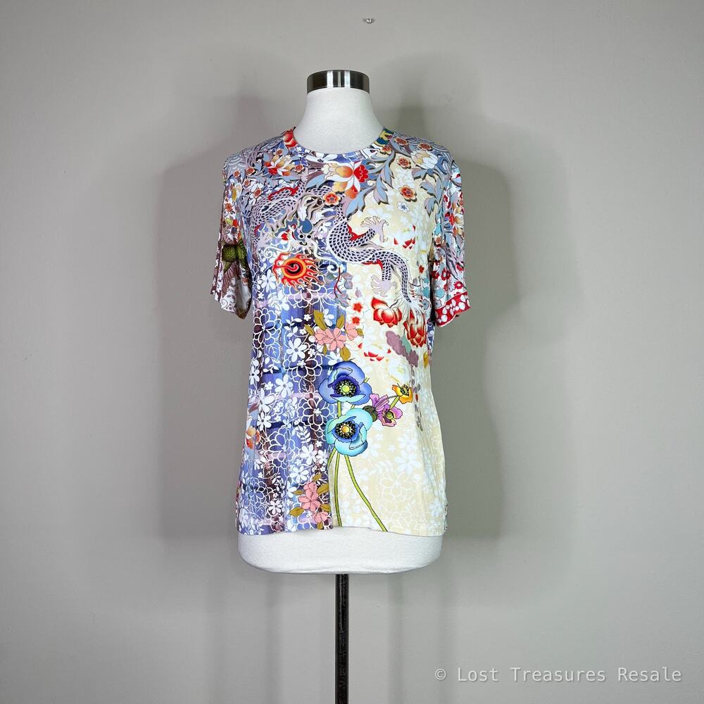 Johnny Was | Dragon Floral Mixed Print Short Sleeve Jersey Tee Multicolor Top XS - Picture 2 of 9